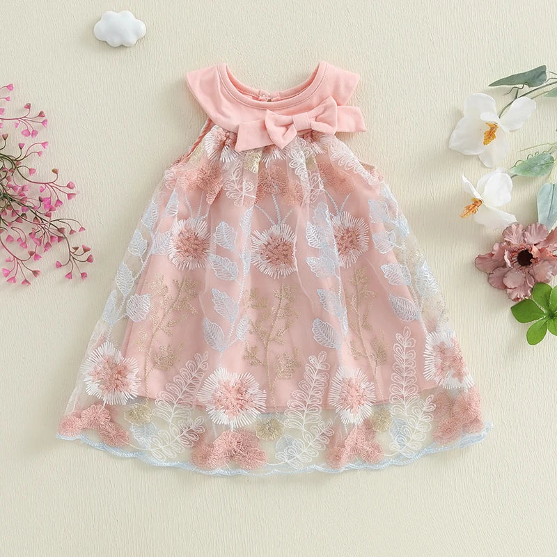 Toddler Girl Summer Sleeveless Dress Floral Embroidery Round Neck Tulle A-Line Dress