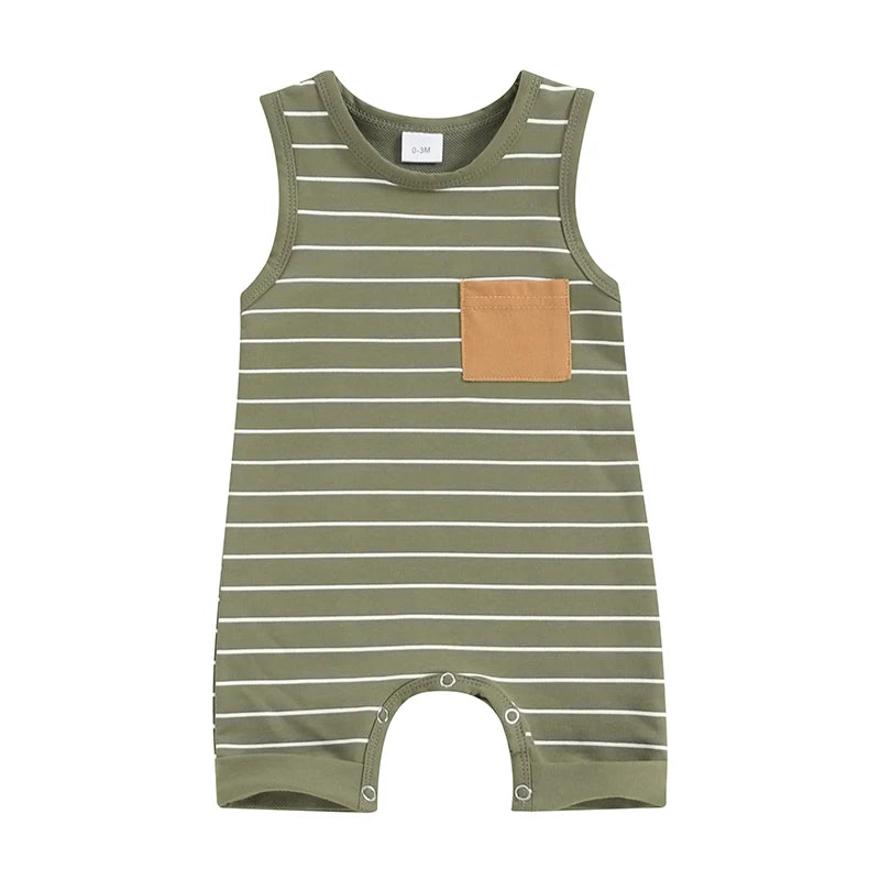 Summer Newborn Baby Boys Rompers Clothing Striepd Print Sleeveless Pocket Jumpsuits Long Pants Baby Overalls