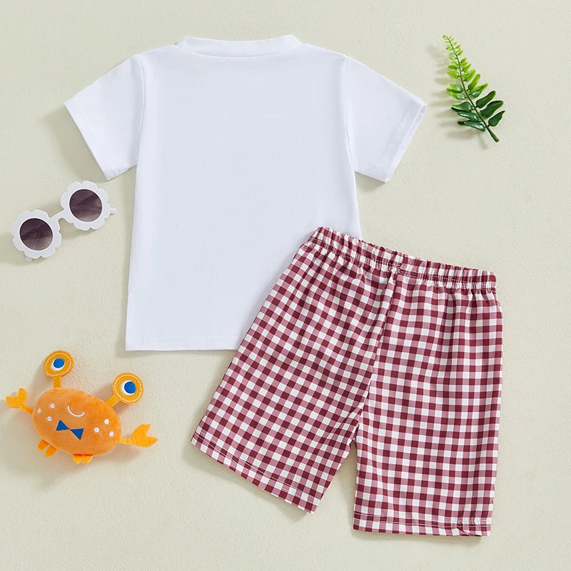 Summer Kid Boys Shorts Sets Short Sleeve O Neck Fish Embroidery Tops and Plaid Shorts Sets