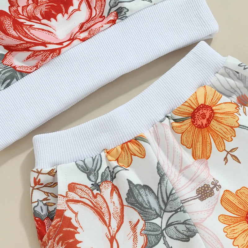 Toddler Girls Fall Outfits Floral Print Long Sleeve Sweatshirt and Elastic Sweatpants Set Baby Clothes