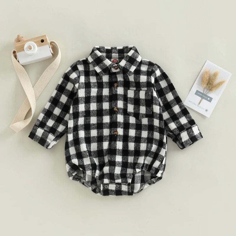 Baby Boy Bodysuit Long Sleeve Lapel Neck Plaid Print Button Up Jumpsuit