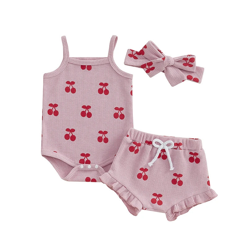 Summer Cute Baby Girls Shorts Outfits Sleeveless Cherry Print Romper Drawstring Shorts Headband Sets