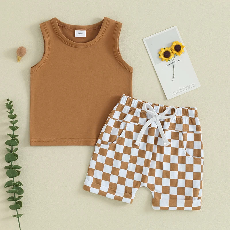 Summer Baby Boy Clothes Solid Sleeveless Tank Top Checkered Shorts 2Pcs Outfit Set