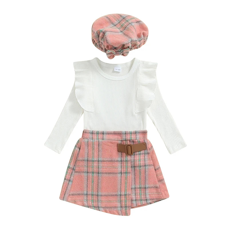 Toddler Girl Fall Outfits Solid Color Ribbed Knit Ruffles Crew Neck Long Sleeve Tops Plaid Skirts Hat Set