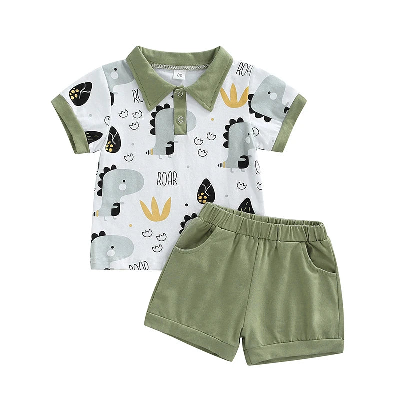 Summer Toddler Kids Boys Casual Suit Cartoon Printed Short Sleeve Tops+Short Pants Clothes Set