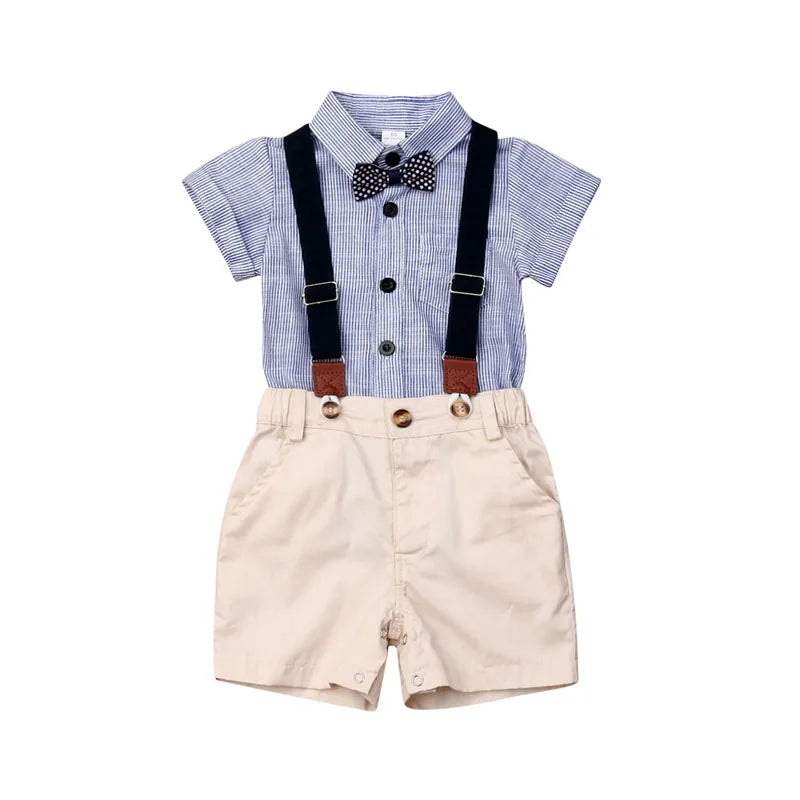 Newborn Boys Summer Clothes Stripe Short Sleeve Gentleman 2PCS Set Romper + Bib Pant Baby School Outfit Outfits