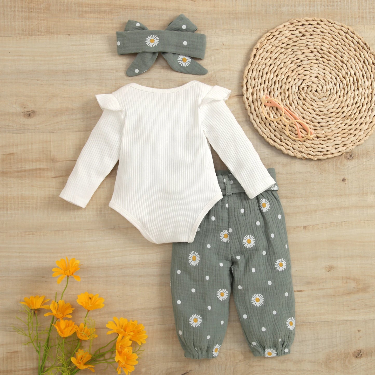 Baby Girls 3PCS Suit Long Sleeve Plain Ribbed Snap Romper Daisies Ruched Long Pants Bow Headband