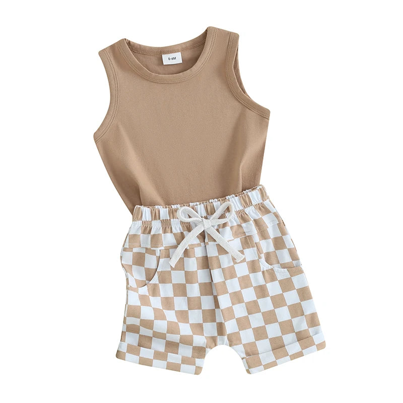 Summer Baby Boy Clothes Solid Sleeveless Tank Top Checkered Shorts 2Pcs Outfit Set