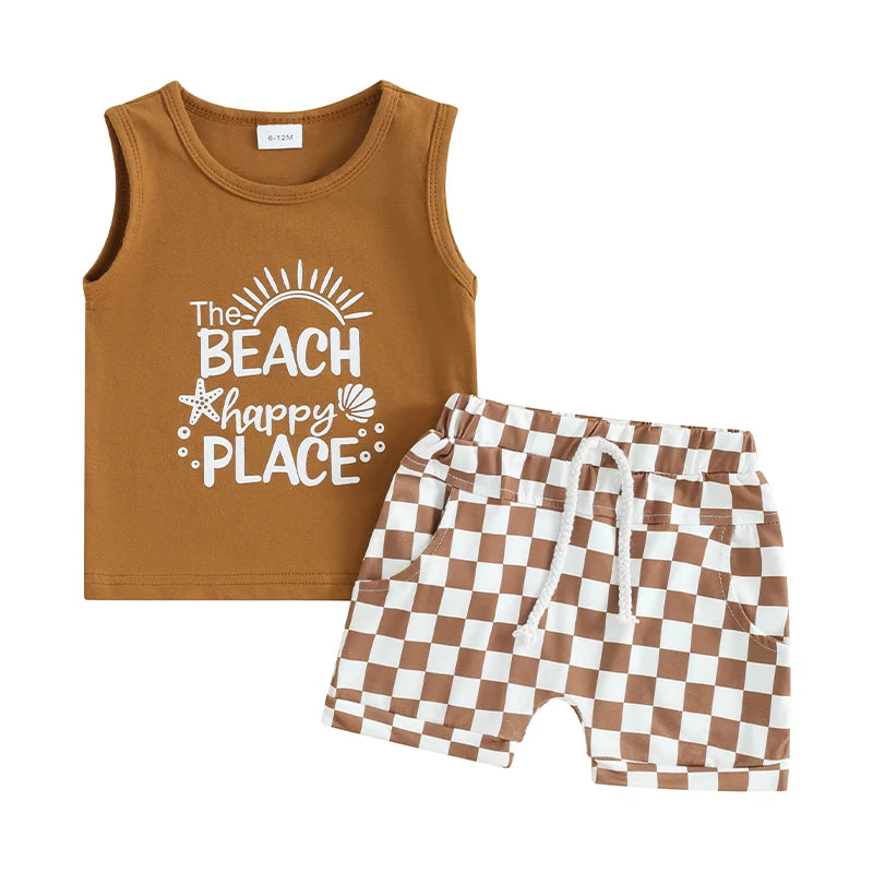 Toddler Boys Summer Outfits Letter Car Print Sleeveless Tank Tops and Checkerboard Elastic Waist Shorts Clothes Set