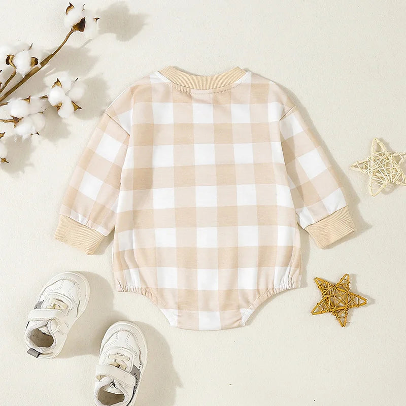 Baby Boys Sweatshirt Romper Plaid Long Sleeve Bodysuit Jumpsuit