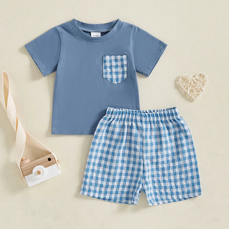 Toddler Boy Summer Outfits Pocket Round Neck Short Sleeve Tops with Plaid Pattern Shorts Outfit