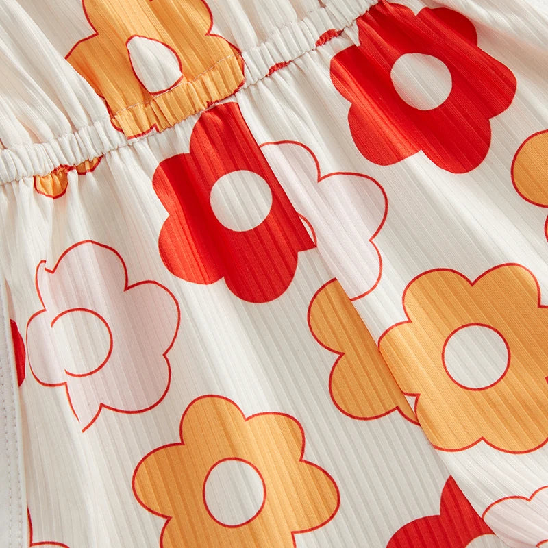 Toddler Baby Girl Summer Jumpsuit Cartoon Flower Print Sleeveless Sling Tie-Up Shorts Romper
