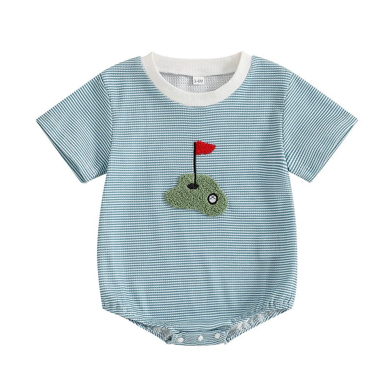 Newborn Baby Boy Summer Romper Short Sleeve Round Neck Stripes Print Bodysuit Playsuit
