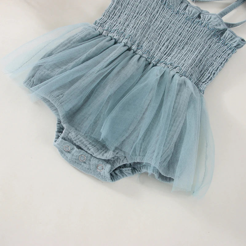 2Pcs Summer Newborn Infant Baby Girls Boys Sleeveless Strap Ruffles Lace-Up Pleated Mesh Loose Romper+Hairband