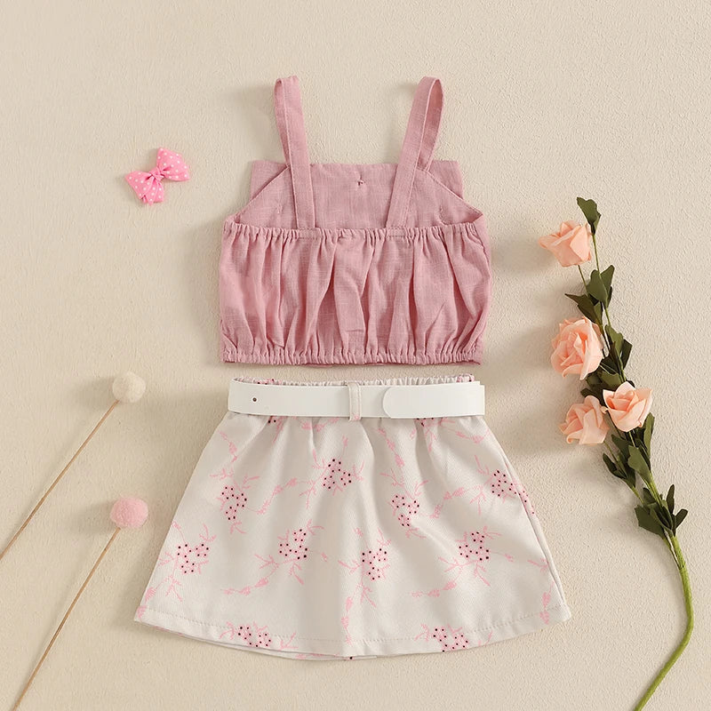 Toddler 2Pcs Baby Girl Summer Outfits Sleeveless Bow Tank Tops + Belted Skirt Set Clothes