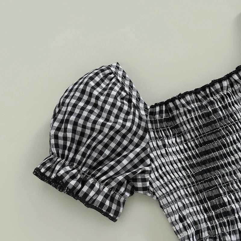 Summer Toddler Girls Sweet Dress Short Puff Sleeve Plaid Printed Ruffles Knee Length A-Line Dress