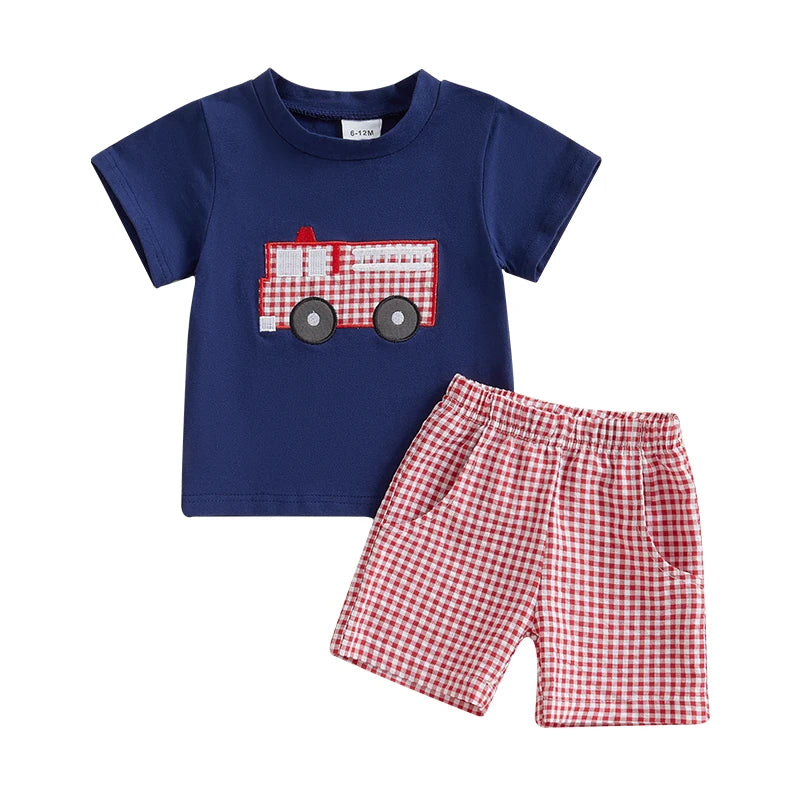 Toddler Baby Boy Summer Outfits Short Sleeve Fire Truck Embroidery T-Shirt + Short Pants Set Clothes