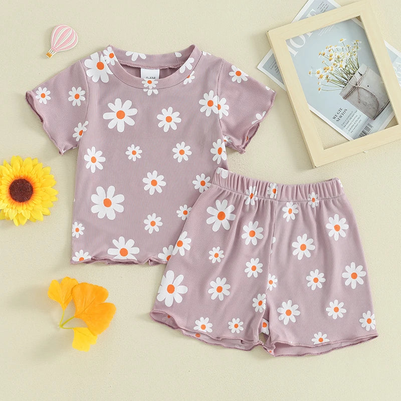 Toddler Baby Girl Summer Clothes Floral Short Sleeve Crewneck T-Shirts Shorts Set Outfit