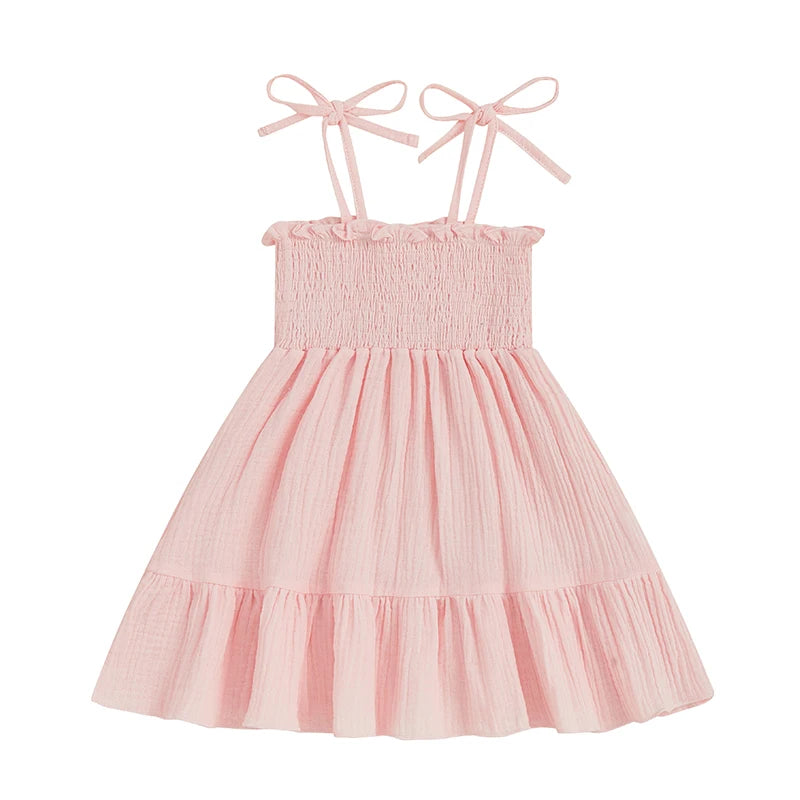 Little Girl Tie Shoulder Dress Solid Smocked Spaghetti Strap Tiered Ruffled Dress Cute Summer Clothes