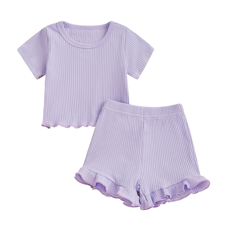 Toddler Baby Girl Ribbed Outfit Solid Color Short Sleeve T-shirts Elastic Waist Ruffle Shorts Set
