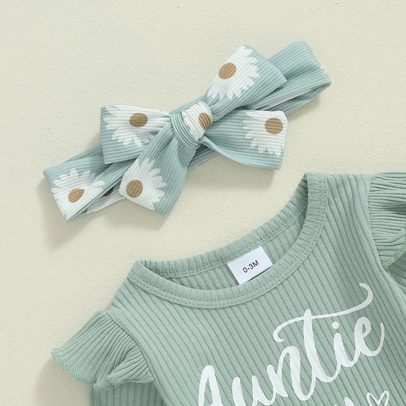 Baby Girls Fall Outfits Letter Print Long Sleeve Romper and Elastic Daisy Flared Pants Headband Set