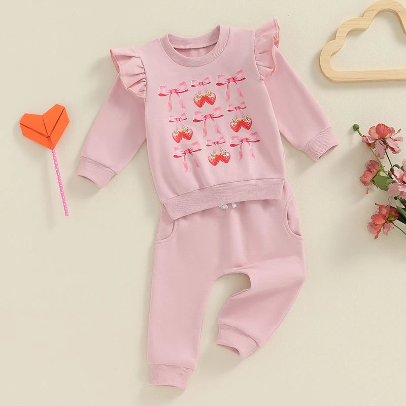 Baby Girl 2Pcs Fall Outfits Cute Bow Print Long Sleeve Pullover + Pants Set Toddler Clothes