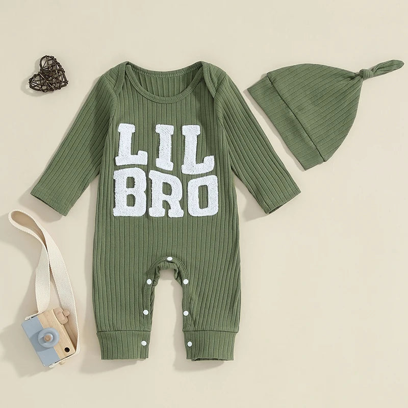 Baby Boy Jumpsuit and Hat Set Long Sleeve Round Neck "Lil Bro" Letter Print Ribbed Romper with Cap Outfit