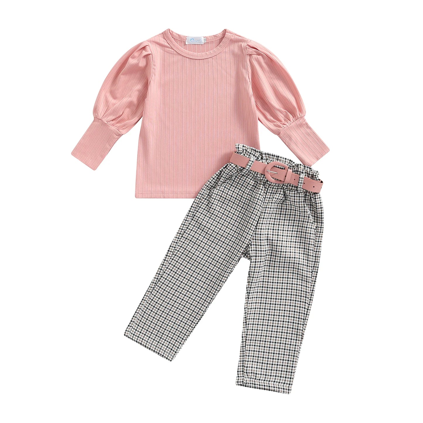 Toddler Girls 3Pcs Outfits Solid Ribbed Round Neck Long Sleeve Tops Plaid Long Pants + Belt Set