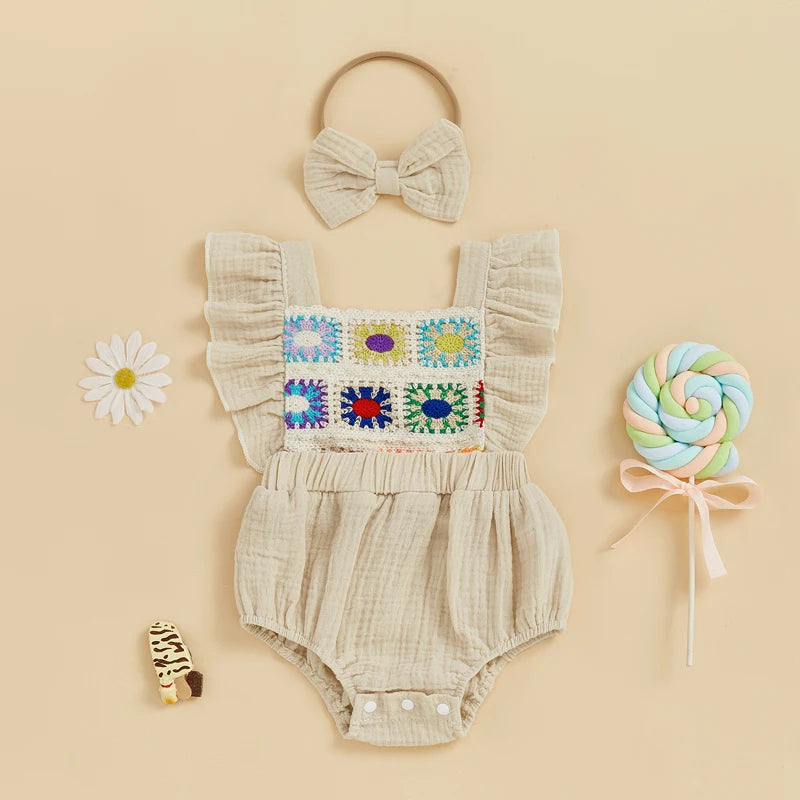 Summer Baby Girl Crochet Flower Romper Flying Sleeve Bodysuit with Bow Headband Outfit