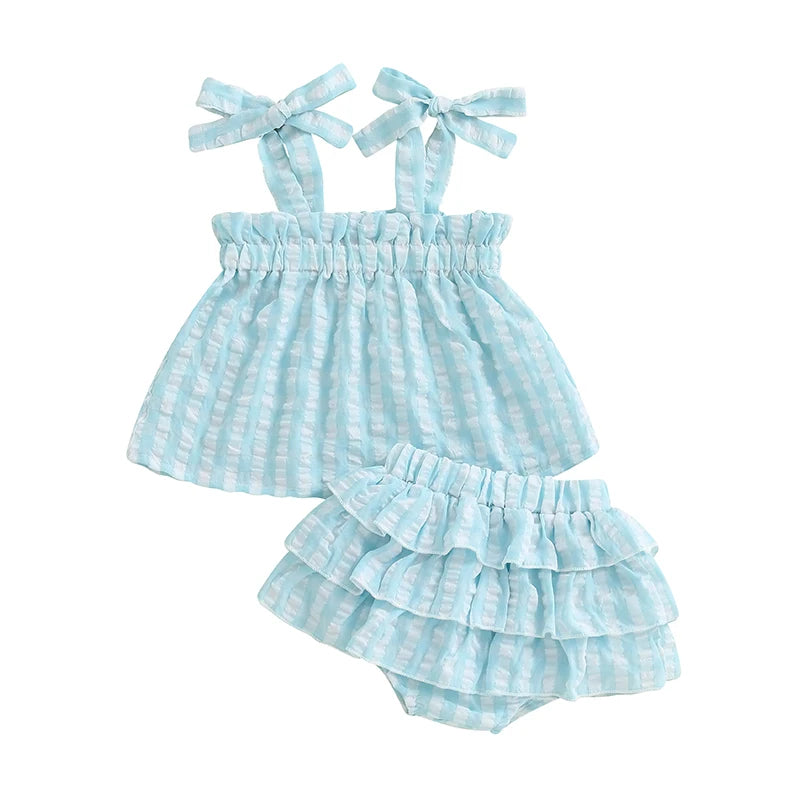 Baby Girl Summer Outfit Plaid Tie-Up Straps Sleeveless Tank Tops Elastic Waist Shorts 2Pcs Clothes Set