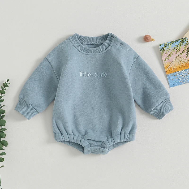 Baby Boys Sweatshirt Bodysuit Long Sleeve Round Neck Letter Embroidery "Little Dude" Bodysuit