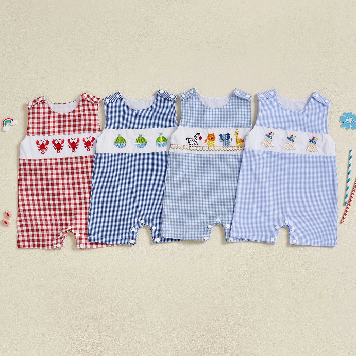 Baby Boys Romper Animal Embroidery Plaid Sleeveless Crew Neck Jumpsuit Summer Overalls