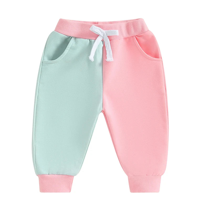 Little Kids Contrast Color Pants Pocket Drawstring Elastic Waistband Fall Long Trousers