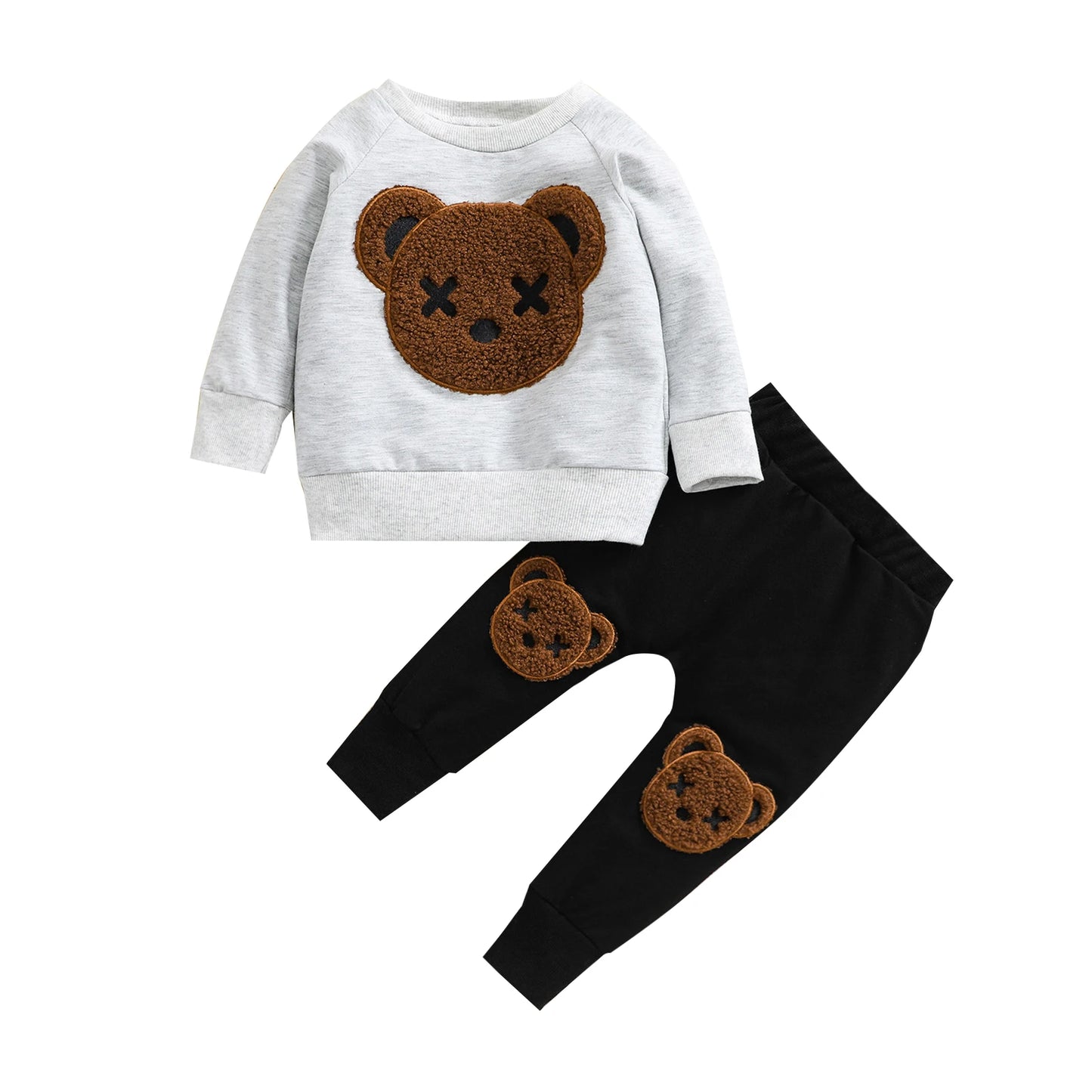 Kids Boy Autumn Tracksuit Fluffy Cartoon Bear O-Neck Long Sleeves Sweatshirt Elastic Waist Pants