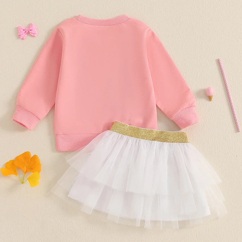Girl Fall Outfit Bow Embroidery Long Sleeve Sweatshirt with A Line Tulle Skirt