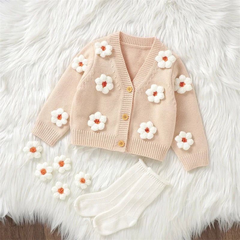 Winter Baby Girl Cardigan Long Sleeve V Neck Button Closure Flower Knit Sweater Baby Girl Sweater