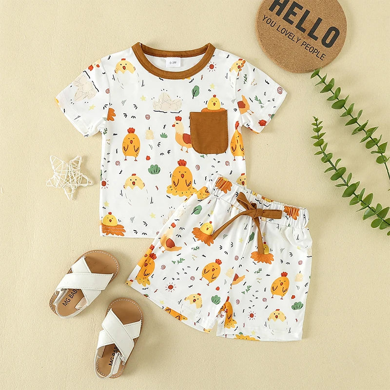 Toddler Boy Girl Summer Clothes Cute Farm Baby Chicken Outfit Set Short Sleeve Cartoon T-Shirt and Shorts