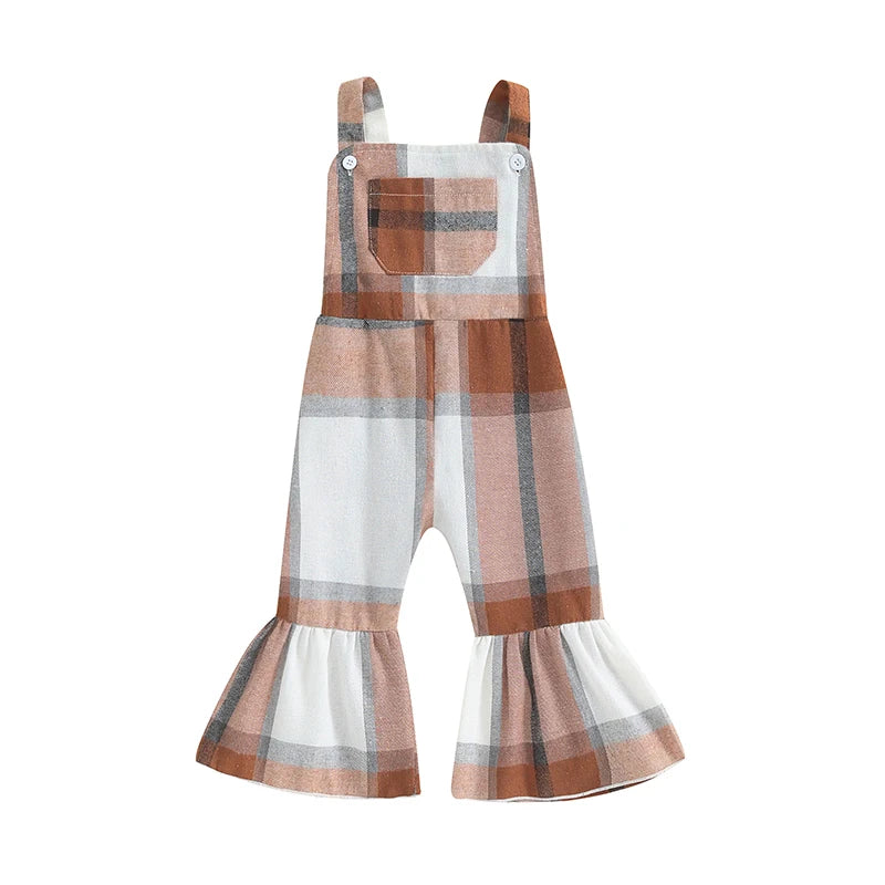 Little Girl Plaid Overalls Casual Square Neck Sleeveless Bell Bottom Jumpsuit for Fall