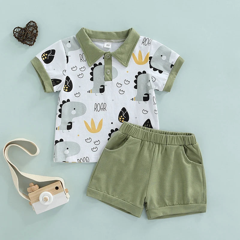 Summer Toddler Kids Boys Casual Suit Cartoon Printed Short Sleeve Tops+Short Pants Clothes Set