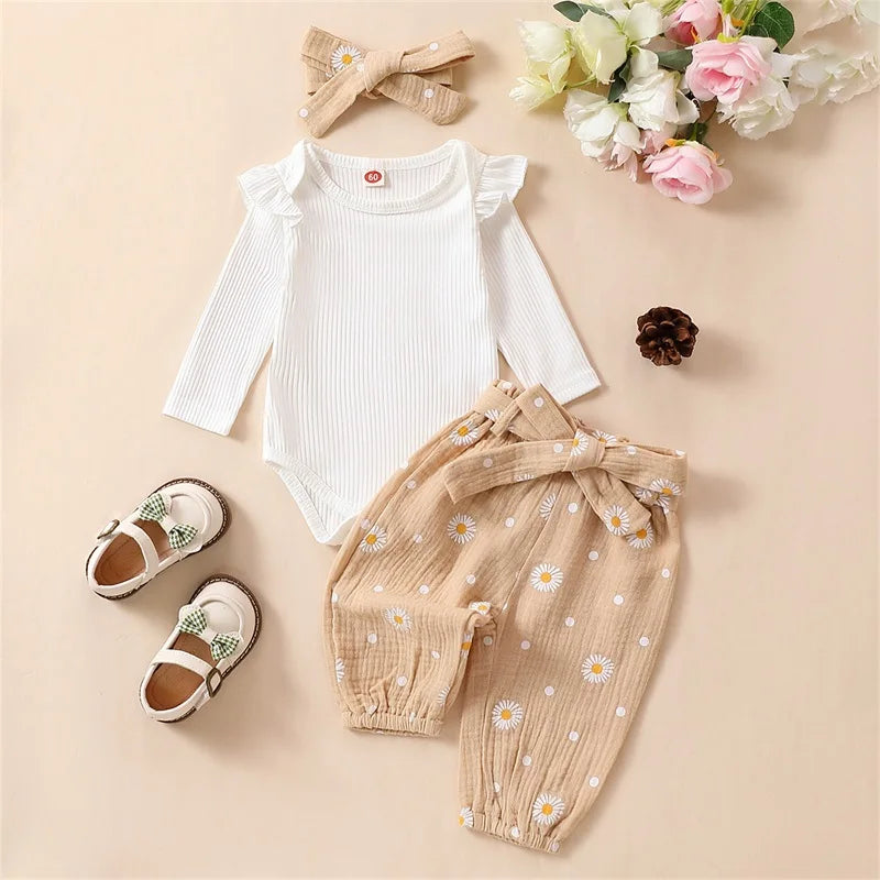 Baby Girl Daisy Print Outfit Solid Ribbed Ruffle Romper Long Sleeve Pants Headbands Clothes Set