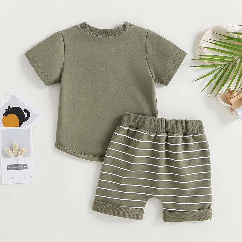 Baby Kids Boys 2Pcs Summer Set Short Sleeve Crew Neck T-shirt with Striped Shorts Outfit