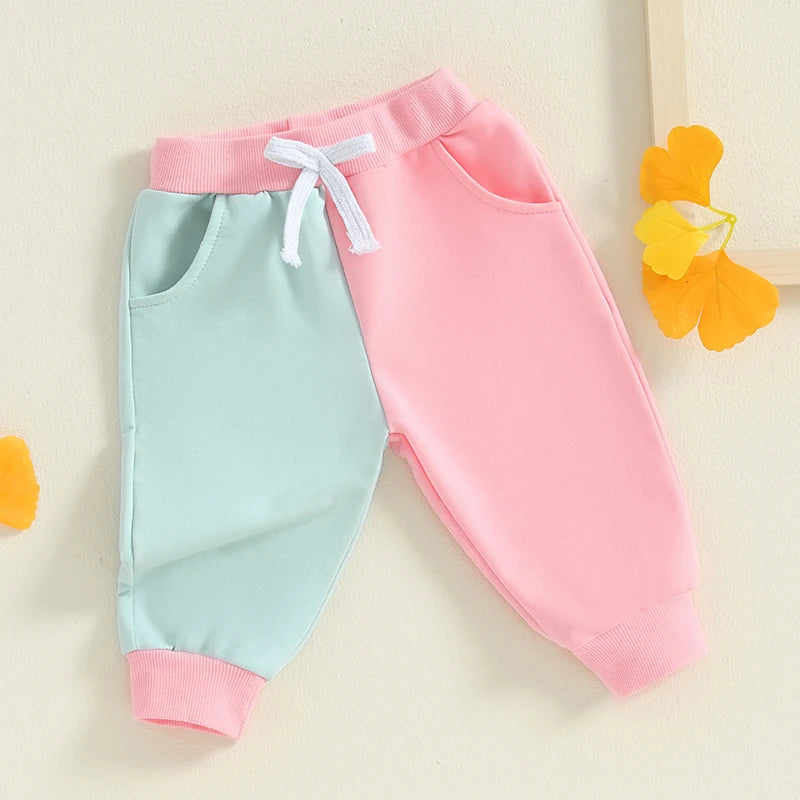 Little Kids Contrast Color Pants Pocket Drawstring Elastic Waistband Fall Long Trousers