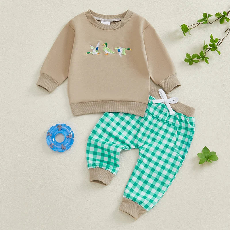 Toddler Baby Boy Girl Duck Clothes Long Sleeve Sweatshirt Plaid Elastic Waist Long Pants Outfit