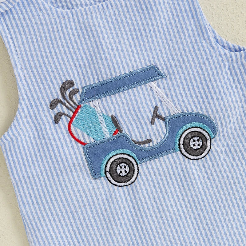 Baby Boys Jumpsuit, Sleeveless Crew Neck Striped Embroidery Golf Cart Summer Romper for Casual Daily