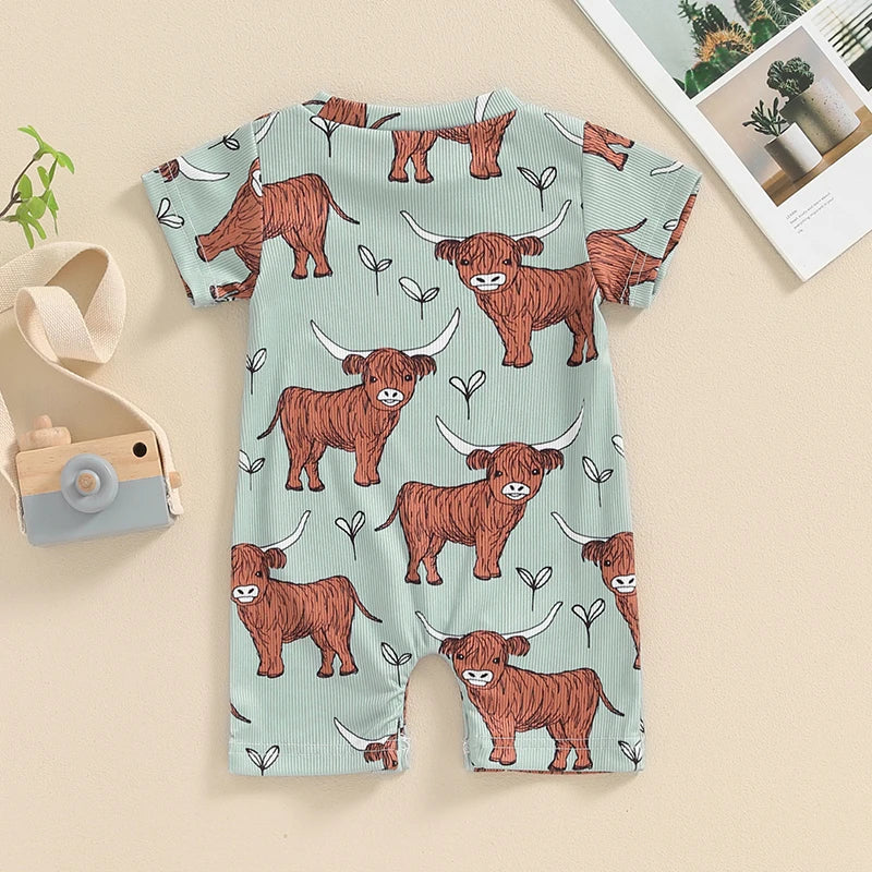 Baby Boys Western Short Sleeve Crew Neck Cow Head Print Casual Romper Jumpsuit