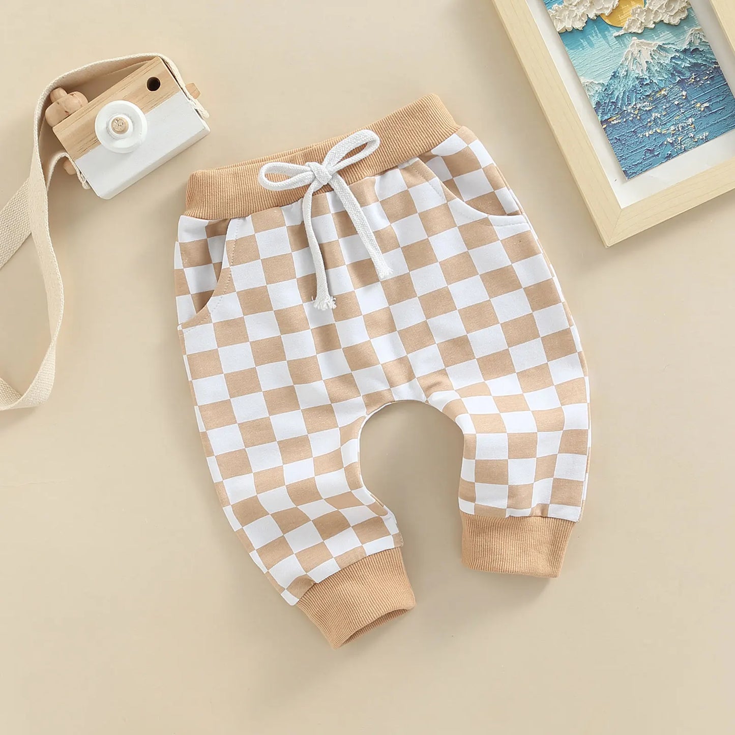 Toddler Baby Boy Casual Pants Checkered Tie-up Autumn Clothing 3 Colors