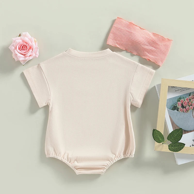 Infant Baby Girl 2Pcs Bodysuit Short Sleeve Letters Flower Print Jumpsuit Bowknot Headband