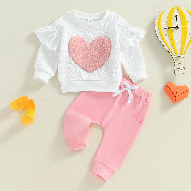 Toddler Girls Fall Outfits Heart Embroidery Ruffles Long Sleeve Sweatshirt and Elastic Sweatpants Set