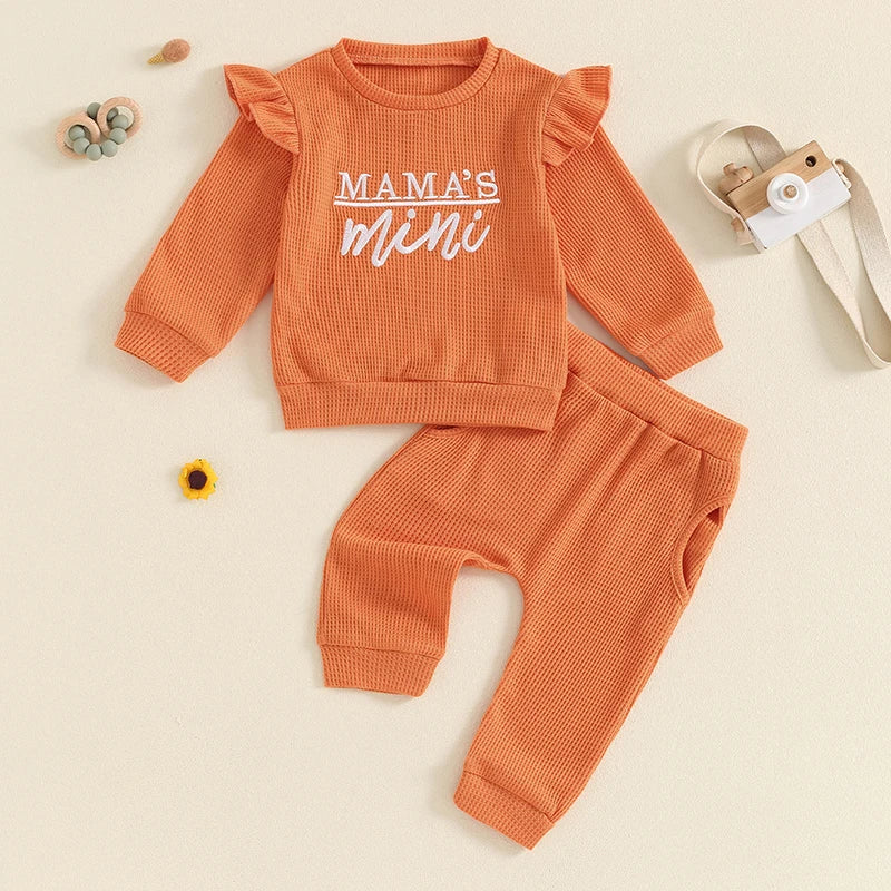 Girls Set Letter Embroidered Long Sleeve Ruffled Tops Elastic Waist Pockets Long Pants Outfits