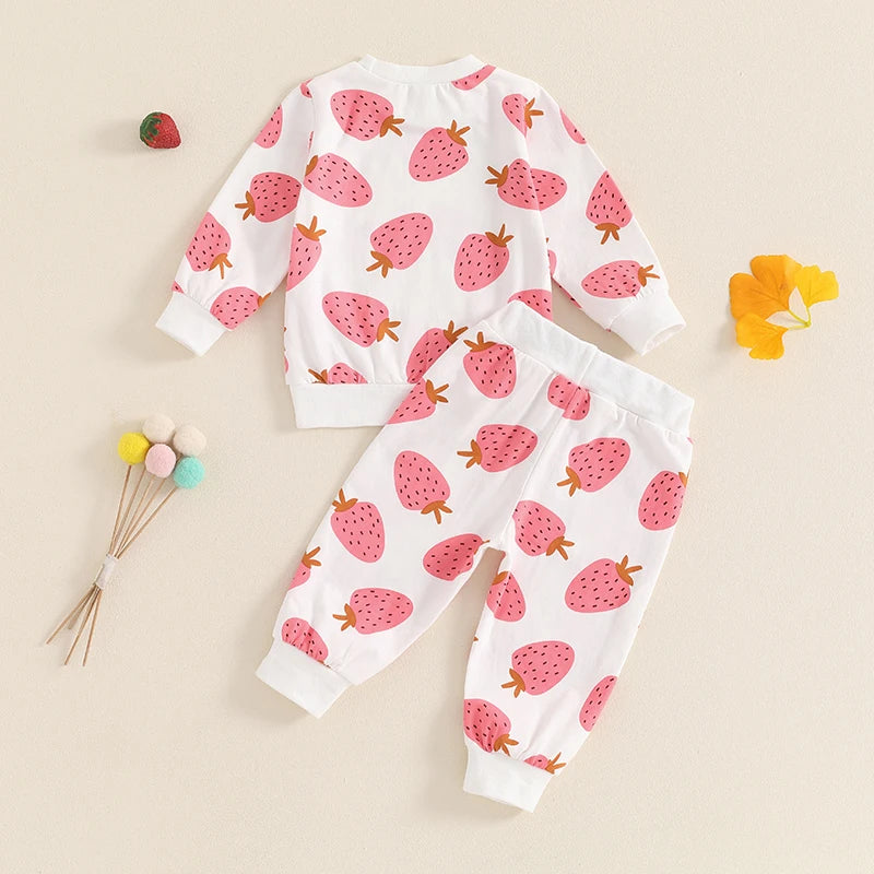 Toddler Girls Fall Outfits Strawberry Print Long Sleeve Sweatshirt and Elastic Sweatpants Set Baby Clothes
